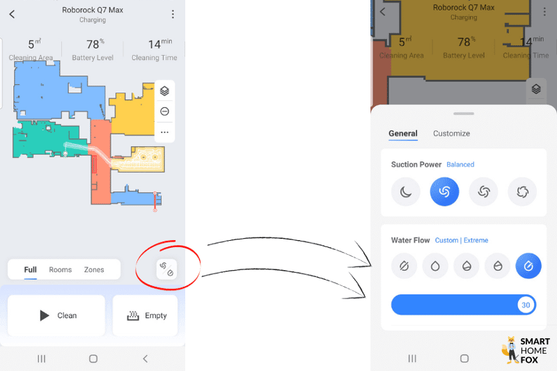 Water flow can be adjusted in many different levels in the Roborock app.